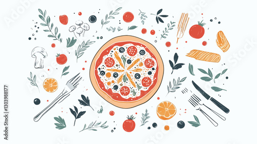 A digitally created illustration depicts a pizza surrounded by its ingredients and cutlery. The style is flat, vector-based, and features a hand-drawn or painterly quality with soft lines