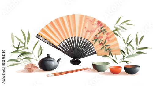 A digital illustration depicting a still life arrangement of Asian cultural elements.  The central focus is a hand fan with peach blossom-like imagery, positioned upright.  To the left and