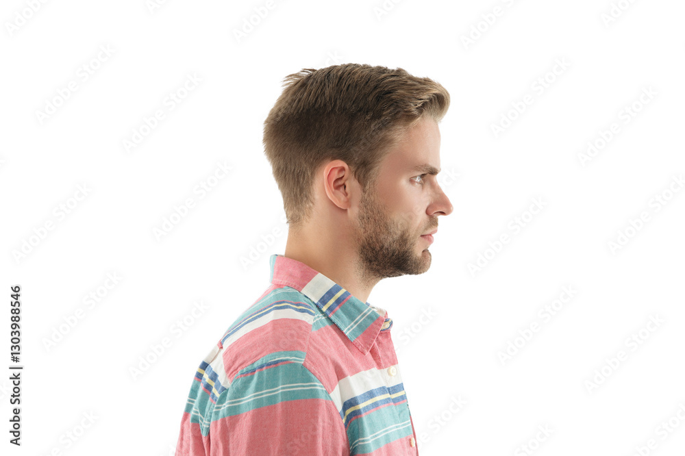 Guy has stylish haircut in profile. Young man wearing casual shirt. Casual male style portrait. Millennial portrait. Young man isolated on white. Stylish young man portrait. Casual style of man Guy has stylish haircut in profile. Young man wearing casual shirt. Casual male style portrait. Millennial portrait. Young man isolated on white. Stylish young man portrait. Casual style of man