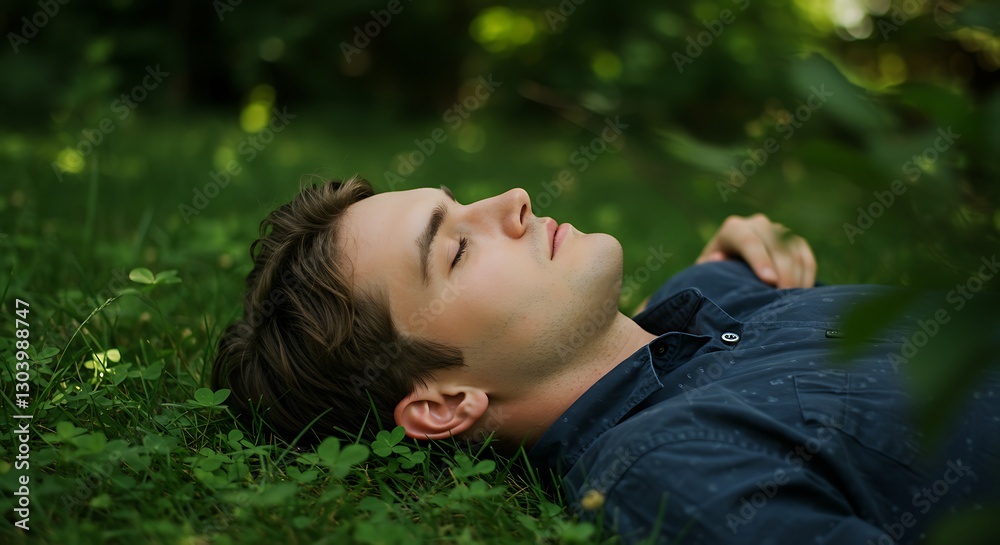 Man relaxing on grass in sunlit nature, arms behind head, peaceful outdoor moment
Man relaxing on grass in sunlit nature, arms behind head, peaceful outdoor moment