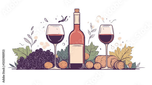 A vector illustration featuring a bottle of red wine flanked by two wine glasses filled with red wine.  The composition includes bunches of grapes and other fruits, stylized leaves, and