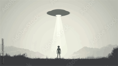 The image is a minimalist monochrome illustration. It depicts a dark gray silhouette of a human-like figure standing in a grassy field, facing a large, dark gray, saucer-shaped UFO hovering