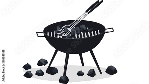 A digital illustration depicting a black charcoal grill with three legs. The grill contains burning coals.  A pair of tongs rests on top of the grill. Scattered pieces of charcoal are
