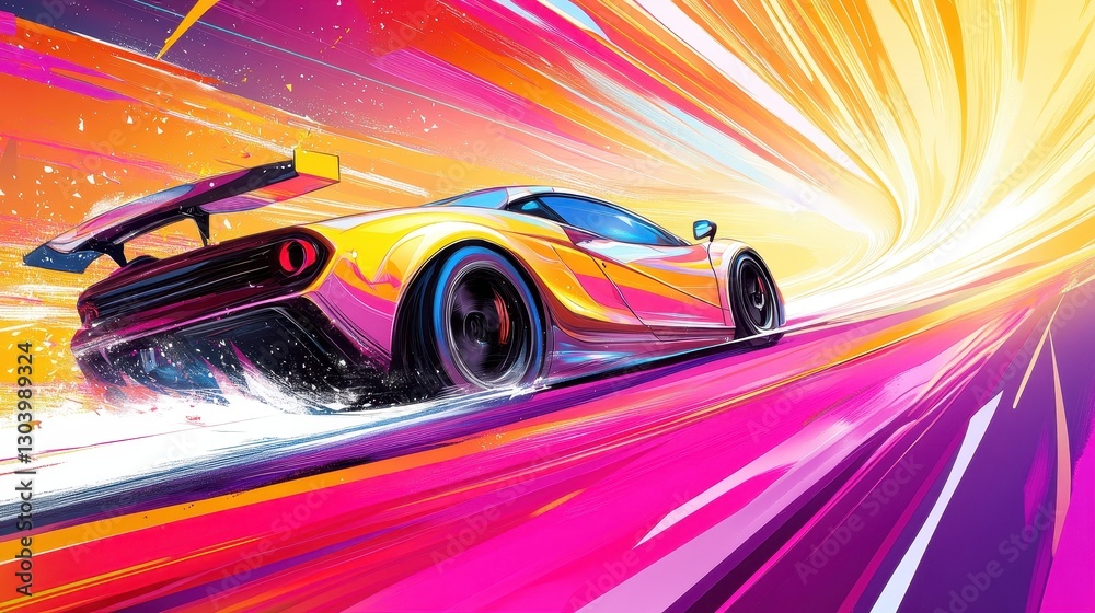 A colorful abstract rendering of a high speed sports car racing A colorful abstract rendering of a high speed sports car racing