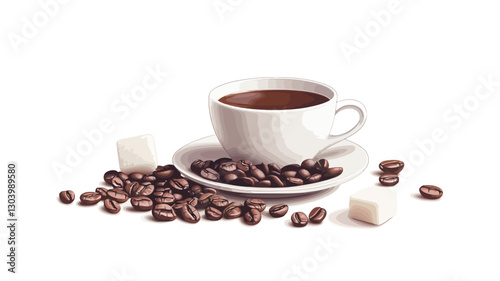 A close-up shot depicts a white coffee cup filled with dark brown coffee, resting on a matching saucer. Scattered around the cup and saucer are numerous dark brown coffee beans and a few