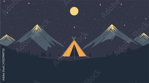 A stylized vector illustration depicting a night scene with three silhouetted mountains, a small yellow teepee tent in the foreground, a full moon, and scattered stars in a dark blue sky.