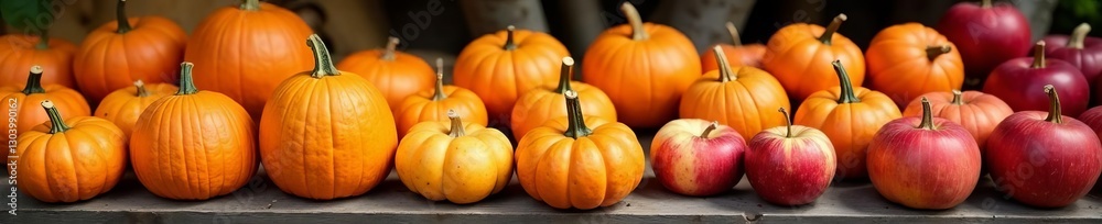 Pumpkins and apples displayed at outdoor fall market, apples, fall Pumpkins and apples displayed at outdoor fall market, apples, fall