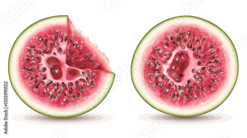The image shows two cross-sections of a watermelon. One slice shows a bite taken out of it.  Both slices exhibit a bright red flesh with visible black seeds.  The watermelon rind is visible