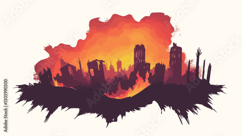 A vector illustration depicting a stylized cityscape silhouette partially obscured by a large, fiery, orange and red cloud or explosion. The city is rendered in dark silhouettes against the