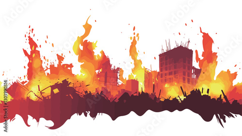 An illustration depicting a city engulfed in flames.  The image is primarily composed of shades of red, orange, and yellow, representing the fire.  The city structures are rendered as dark