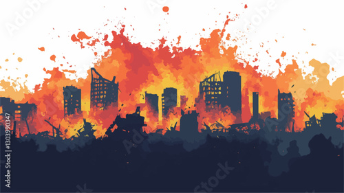 The image is a stylized depiction of a city engulfed in flames.  The style appears to be a digital painting or illustration, using a combination of dark silhouettes of buildings against a