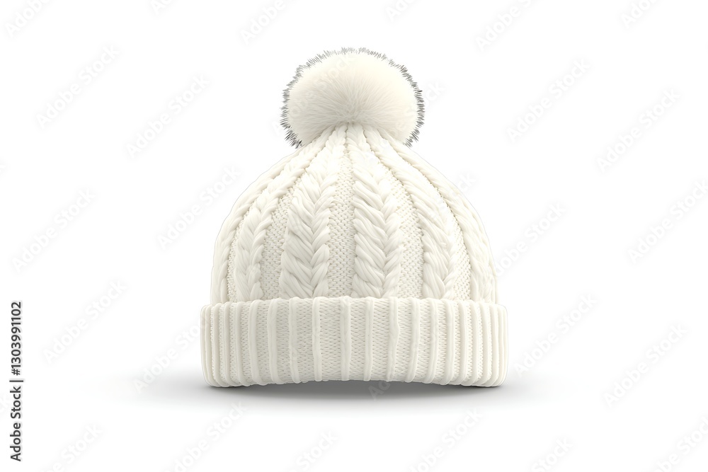 Obraz premium White cable knit beanie with pom-pom, studio shot