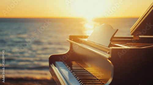 A grand piano on a beach at sunset