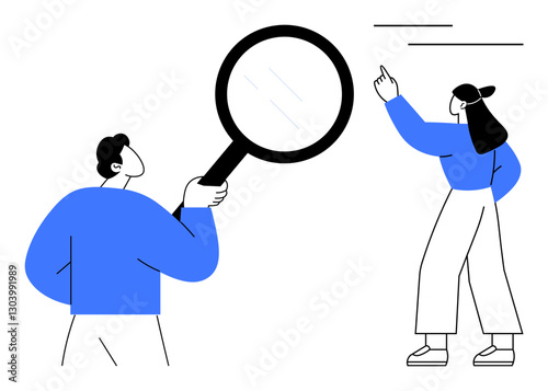 Man holding magnifying glass analyzing details, woman pointing to emphasize concept. Ideal for teamwork, research, analysis, focus, exploration, education communication. Flat simple metaphor