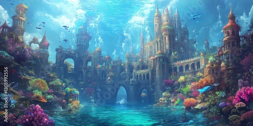 A fantastical underwater city with colorful coral and sea life