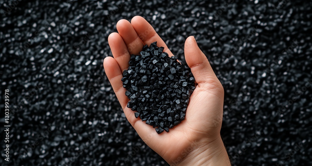 Close-up of hand holding black plastic granules, showcasing eco-friendly production. Perfect for sustainable product photography and green industry concepts. Close-up of hand holding black plastic granules, showcasing eco-friendly production. Perfect for sustainable product photography and green industry concepts.