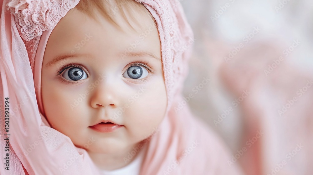 Baby girl, pink fabric, portrait, indoor, soft background, website Baby girl, pink fabric, portrait, indoor, soft background, website