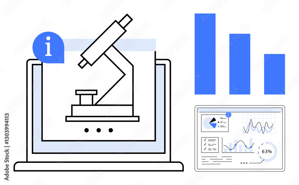 Microscope displayed on a laptop screen, blue bar graphs, and a detailed analytical dashboard. Ideal for science, research, analytics, education, technology innovation data representation. Flat Microscope displayed on a laptop screen, blue bar graphs, and a detailed analytical dashboard. Ideal for science, research, analytics, education, technology innovation data representation. Flat