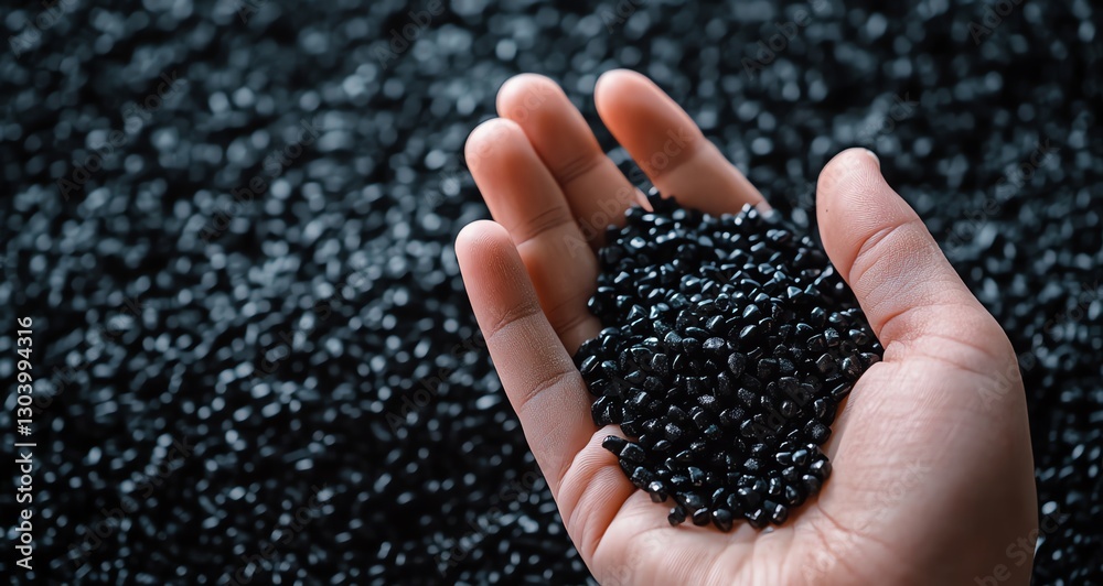 Close-up of hand holding black plastic granules, showcasing eco-friendly production. Perfect for sustainable product photography and green industry concepts. Close-up of hand holding black plastic granules, showcasing eco-friendly production. Perfect for sustainable product photography and green industry concepts.