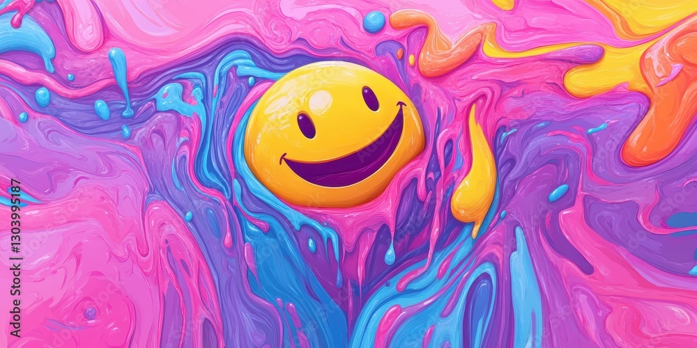 Naklejka premium A smiling yellow face immersed in a flowing colorful liquid