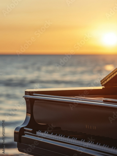 A grand piano on a beach at sunset