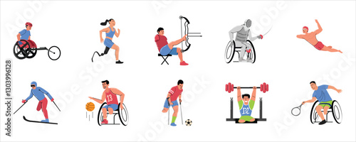 Paralympic Athletes Competing in Various Sports. Paralympic athletes engaging in wheelchair racing, basketball, swimming, and more