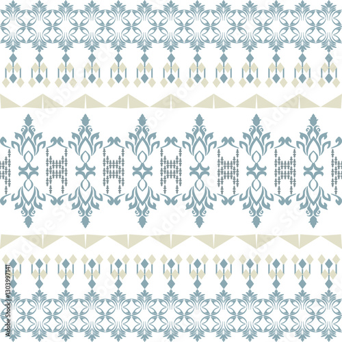 Cream and green damask geometric seamless pattern with ethnic motifs. Aztec style. Native American style. Navajo style. Idea for wallpaper, fabric edge, and rugs.