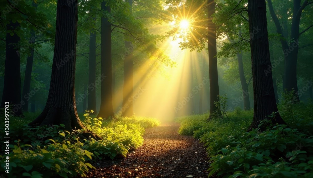Obraz premium Sunbeams illuminate forest floor, creating glowing path, glow, orange, floor