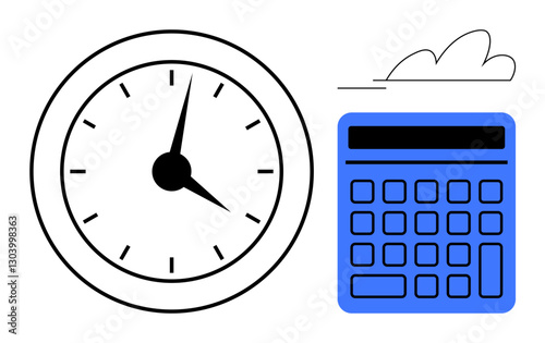 Wall clock with classic design next to a blue calculator illustrating time tracking and calculations. Ideal for productivity, efficiency, tasks, scheduling, planning, workflow, flat simple metaphor