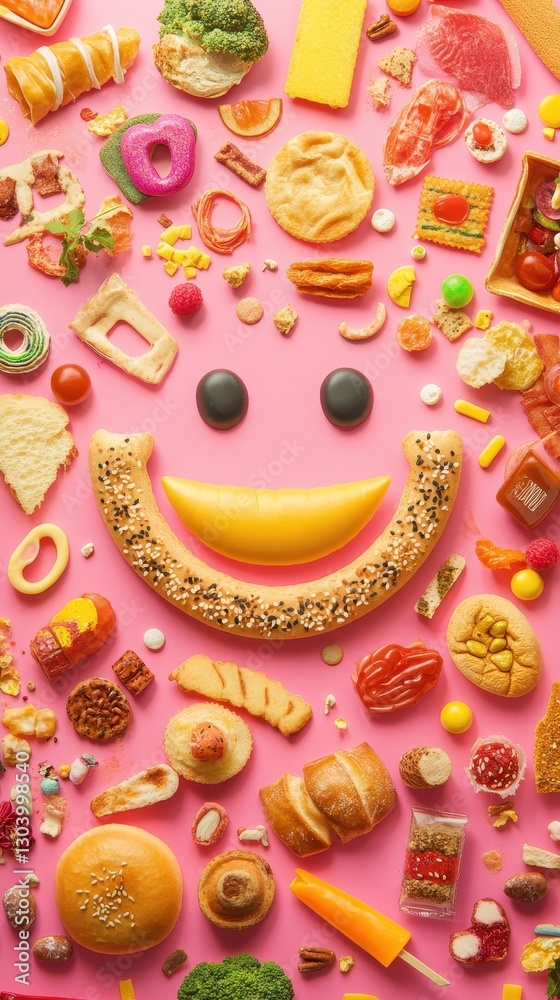 Diverse assortment of food items arranged into a smiley face design Diverse assortment of food items arranged into a smiley face design