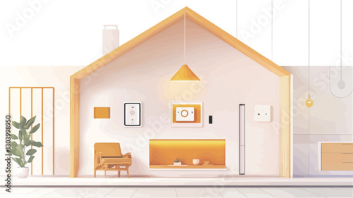 The image is a digital rendering of a minimalist home interior.  The cutaway view shows the interior of a house with a simple, light color palette dominated by whites, yellows, and oranges.