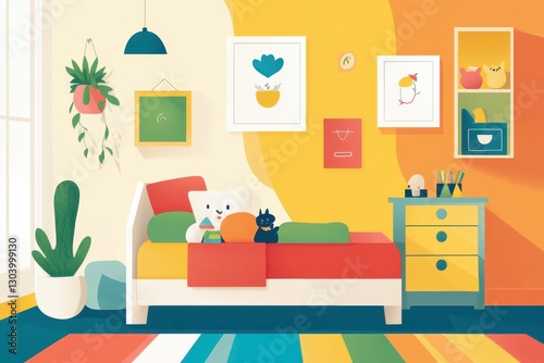 A colorful childs bedroom design with painted illustrations and furniture