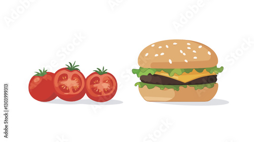 A digital illustration featuring a hamburger and three tomatoes on a white background. The hamburger is depicted with a sesame seed bun, a beef patty, cheese, and lettuce.  The tomatoes are