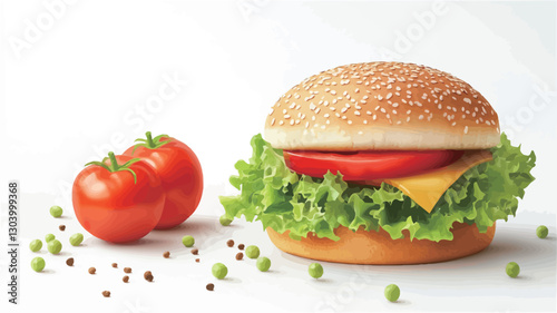 Close-up studio shot of a cheeseburger on a white background. The burger consists of a sesame seed bun, a beef patty (implied), cheese slice, lettuce, and tomato. Two red tomatoes and