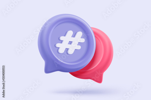 3D hashtag searching and share link buttons on social media announcement on background. Comments thread mention or user reply sign with announce. 3d hashtag icon signs vector render illustration