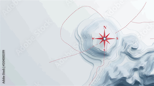 The image is an overhead, aerial shot of a snow-covered landscape. The terrain is undulating, showing variations in texture and depth.  A prominent red compass rose is centrally located,