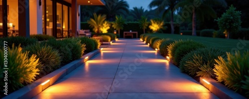 Sleek LED pathway lights illuminate modern patio , led, design, shadow