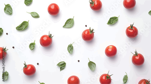 Overhead, flat lay image showing a repeating pattern of cherry tomatoes and basil leaves on a white background.  A few peppercorns are sparsely scattered among the ingredients. The image is