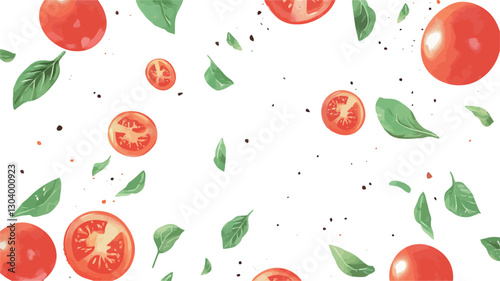 The image showcases a pattern of halved red tomatoes and green basil leaves appearing to float against a white background.  Small dark specks are scattered across the background. The style