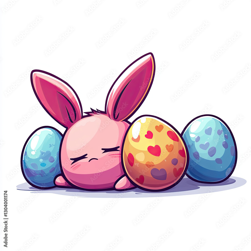 Fototapeta premium Cute chibi bunny resting beside colorful Easter eggs, feeling tired