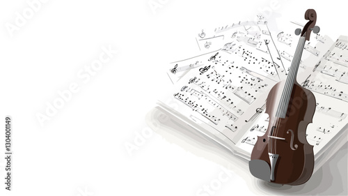 High-angle, close-up shot of a brown violin resting on a stack of sheet music. The violin is positioned slightly off-center, with its body angled towards the lower right corner.  The sheet