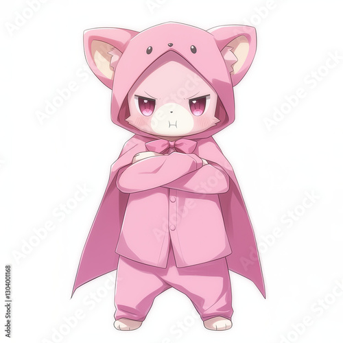 Cute chibi character in pink outfit with crossed arms and pouty expression