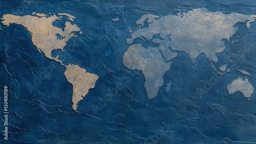 Textured World Map in Dark Blue and Beige Tones