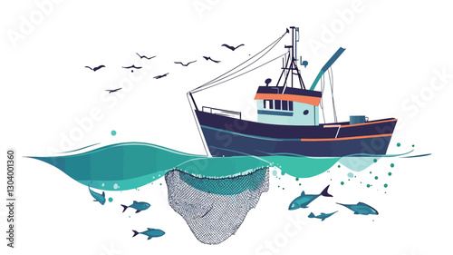A stylized illustration of a fishing boat sailing above a partially submerged iceberg. The boat is dark blue with orange accents.  The water is depicted in shades of teal and blue.  Small