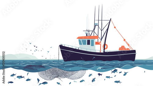 Illustration of a small fishing boat on the sea. The boat is dark blue and orange with a white cabin.  The sea is depicted with dark blue and light blue tones, showing waves.  Small fish
