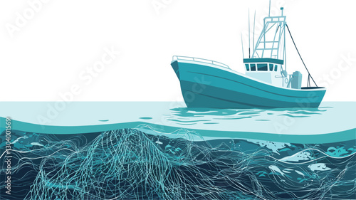 A stylized vector illustration depicting a teal-colored fishing trawler on a calm sea. The illustration is split to show both the surface and underwater view. The underwater portion reveals