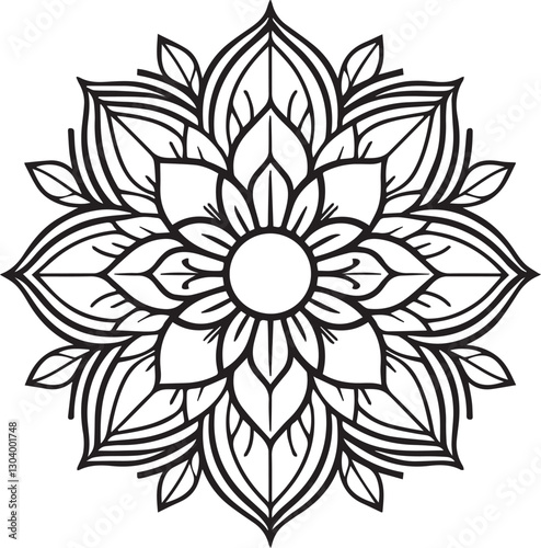 Intricate Black and White Mandala Line Art. Sacred Geometric Floral Pattern for Coloring, Tattoos, and Digital Art, mandala silhouette vector style with a white background