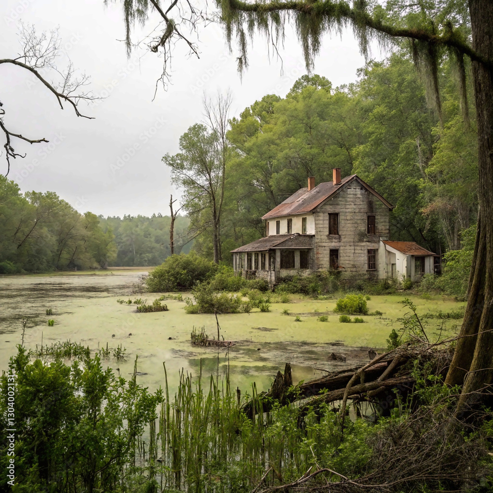 Obraz premium In this remote place, abandoned house and wild swamp stand in stark contrast, embodying juxtaposition of human history and untamed,bungalow, summer, country, park, old wilderness, while evoking a prof