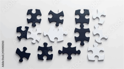 High-angle, close-up view of several black and white jigsaw puzzle pieces scattered on a light gray background. The pieces are irregularly arranged, some interlocking, others separate.  The