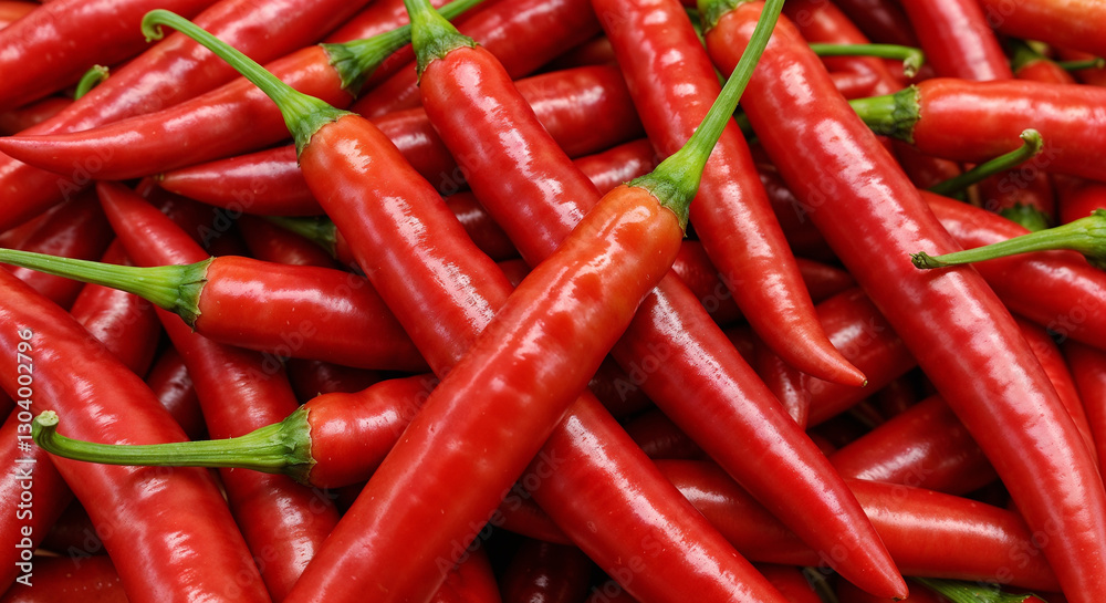 Vibrant Red Chili Peppers Close-Up With Glossy Texture And Green Stems Vibrant Red Chili Peppers Close-Up With Glossy Texture And Green Stems